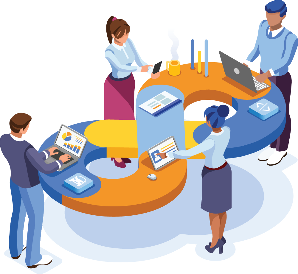 OmnitrixHub Unites Dealership Operations with Transparency and Consistency Illustration of dealership staff and tools connected by OmnitrixHub platform